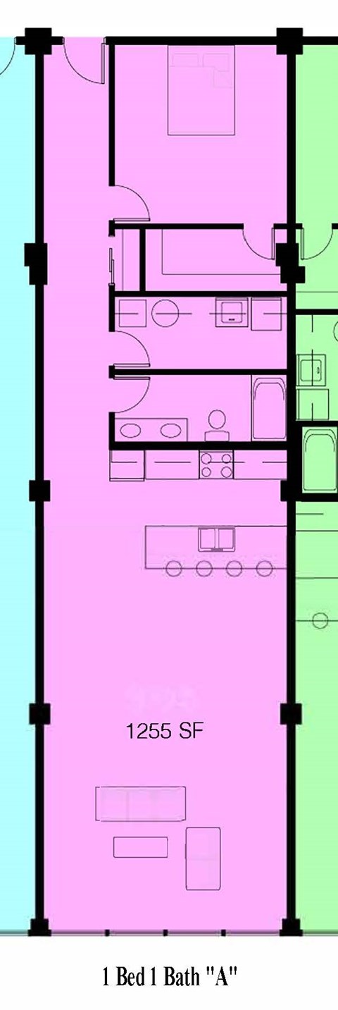 Floor plan for 1 bed, 1 bath, 1255 sqft
